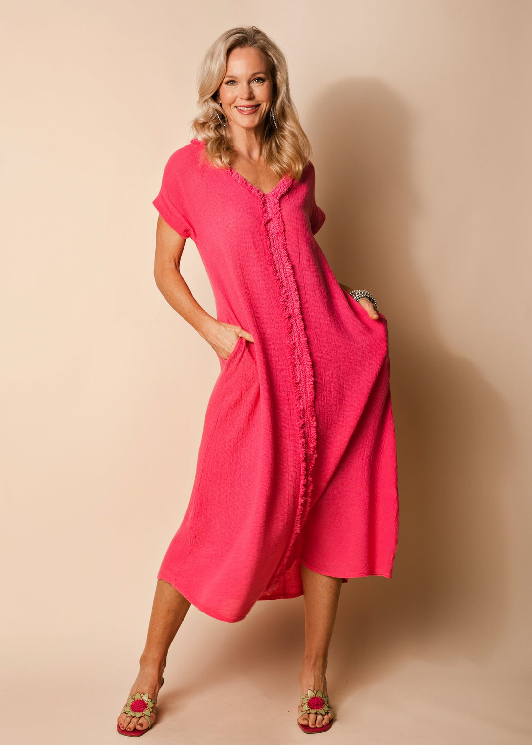 Kaidi Linen Dress in Raspberry Sorbet - Imagine Fashion