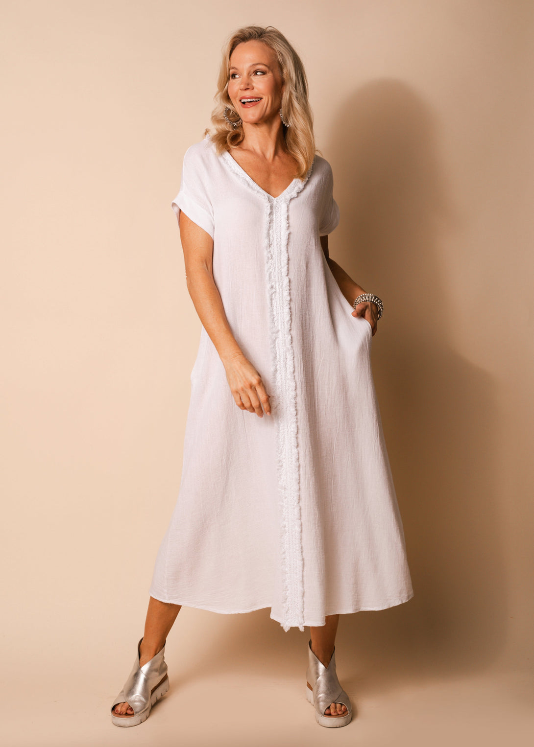 Kaidi Linen Dress in White - Imagine Fashion