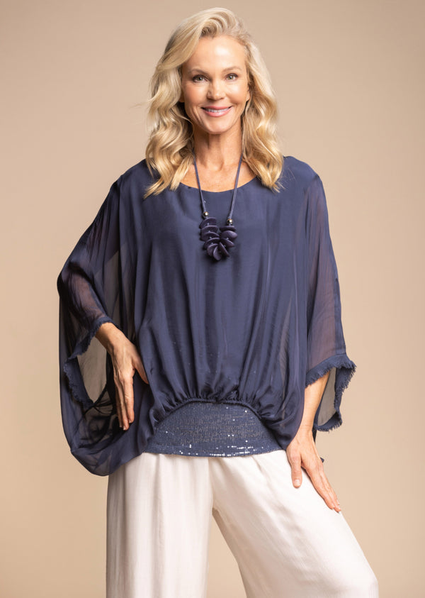 Marcella Silk Top in Navy - Imagine Fashion