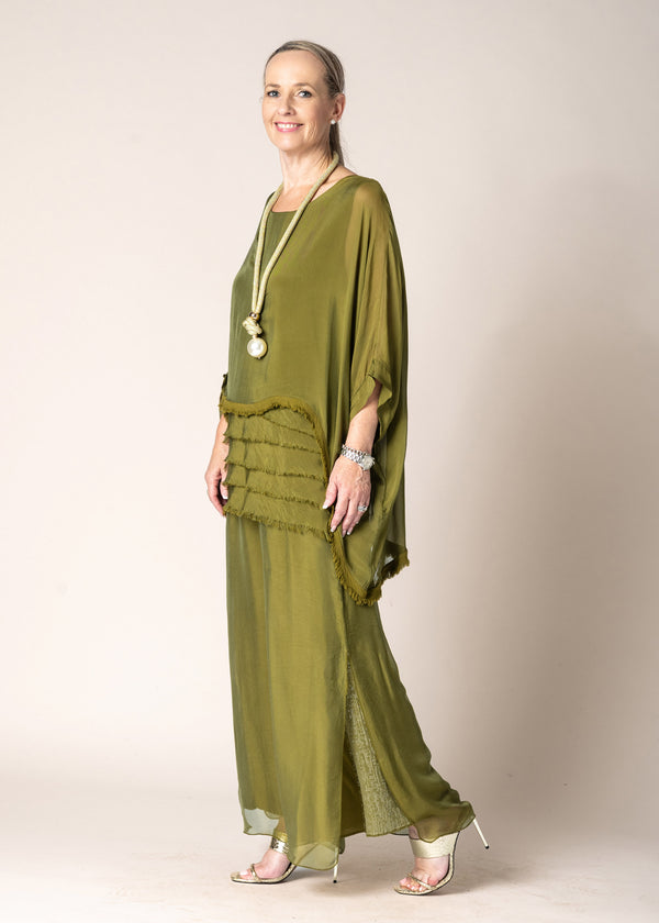 Karolina Silk Pants in Green Olive