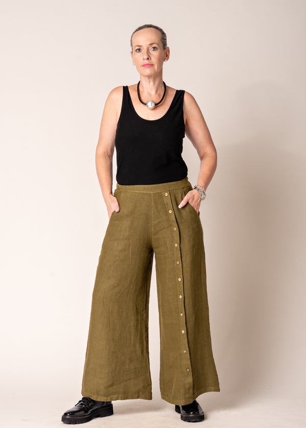 Clair Linen Pants in Green Olive