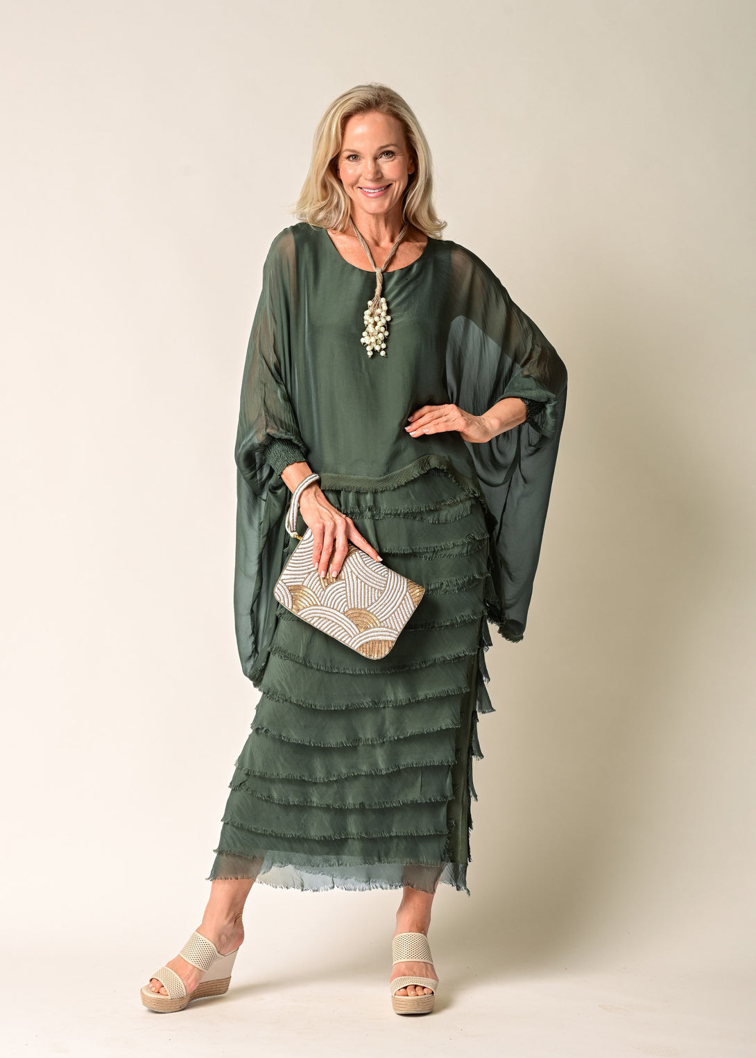 Netty Silk Dress in Khaki - Imagine Fashion