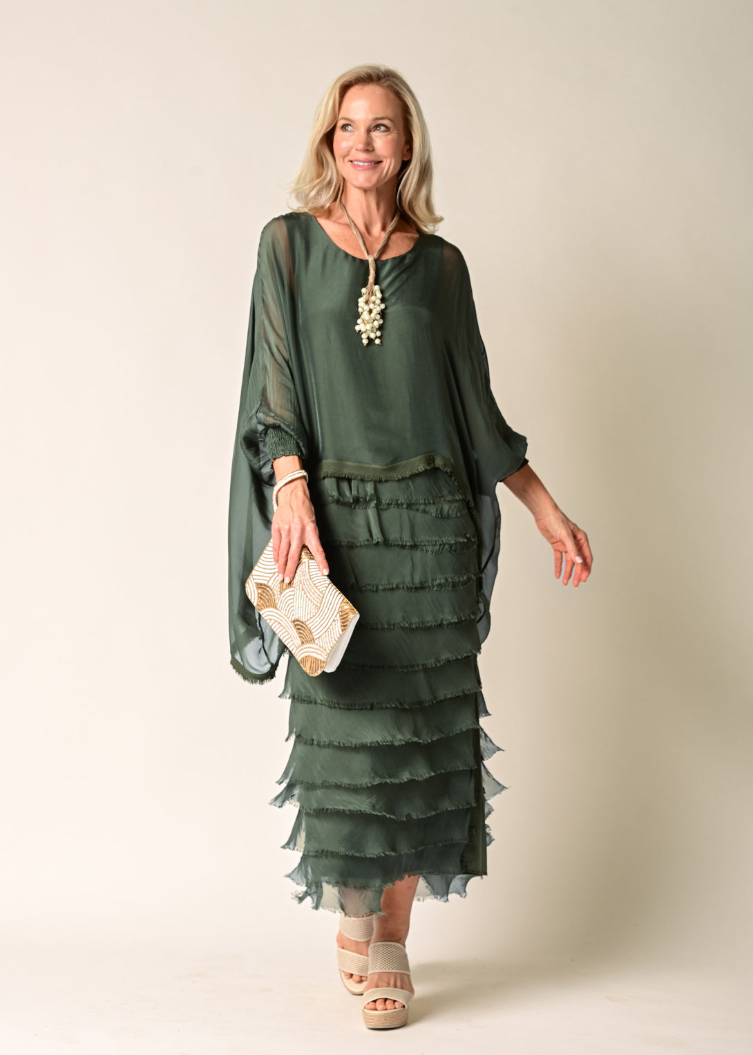 Netty Silk Dress in Khaki - Imagine Fashion