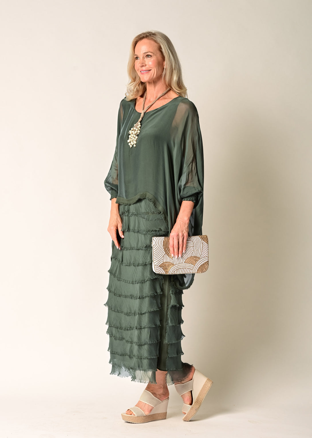 Netty Silk Dress in Khaki - Imagine Fashion