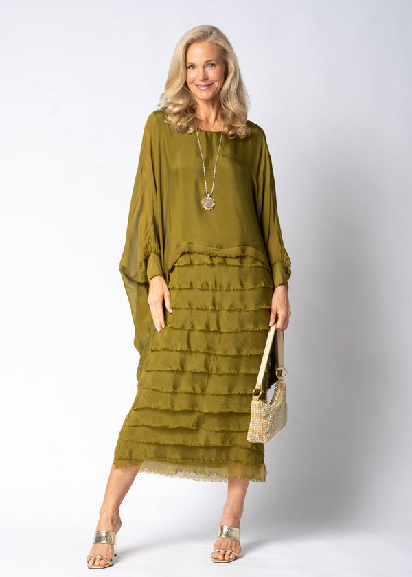 Candie Silk Dress in Green Olive