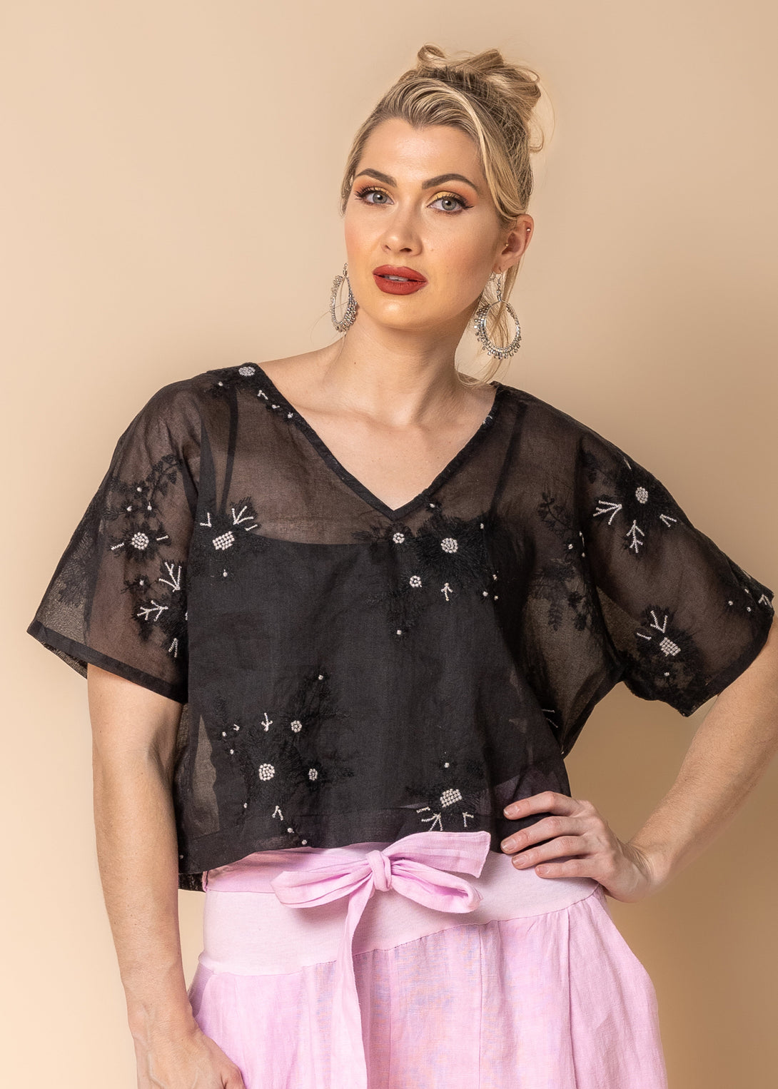 Armani Floral V Neck Top in Onyx