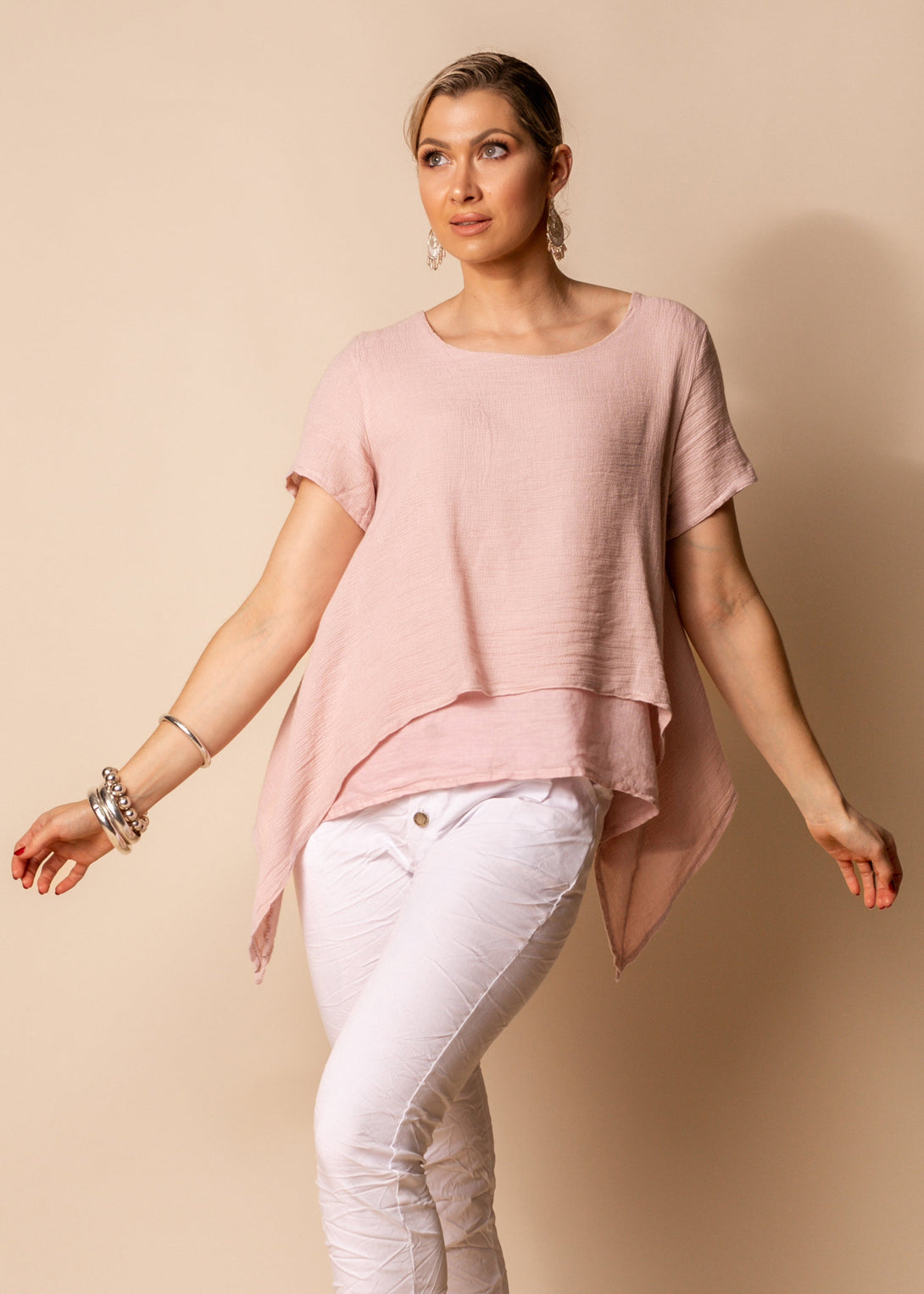 Flavene Linen Blend Top in Blush