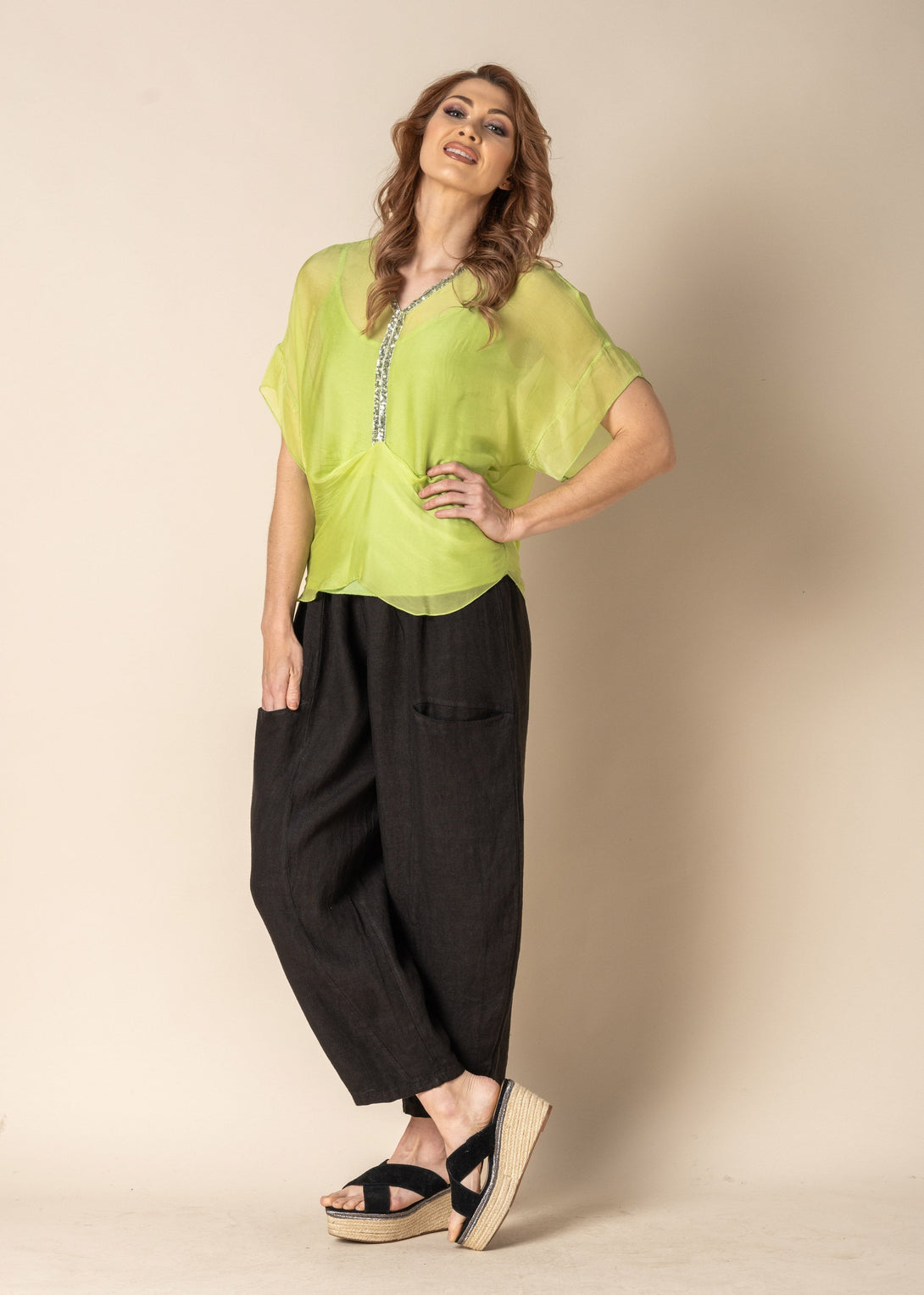 Jamila Silk Top in Lime Splice