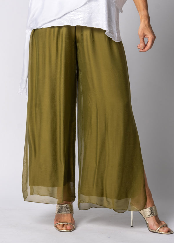 Gia Silk Pants in Green Olive