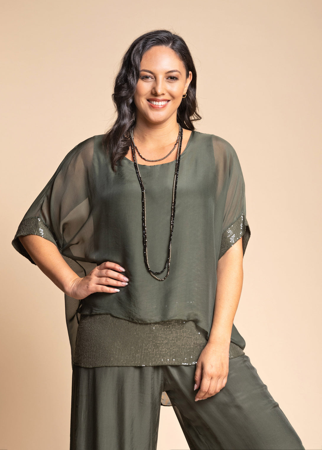 Mimi Silk Top in Khaki - Imagine Fashion