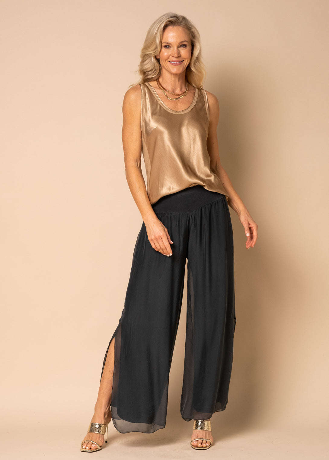 Gia Silk Pants in Granite