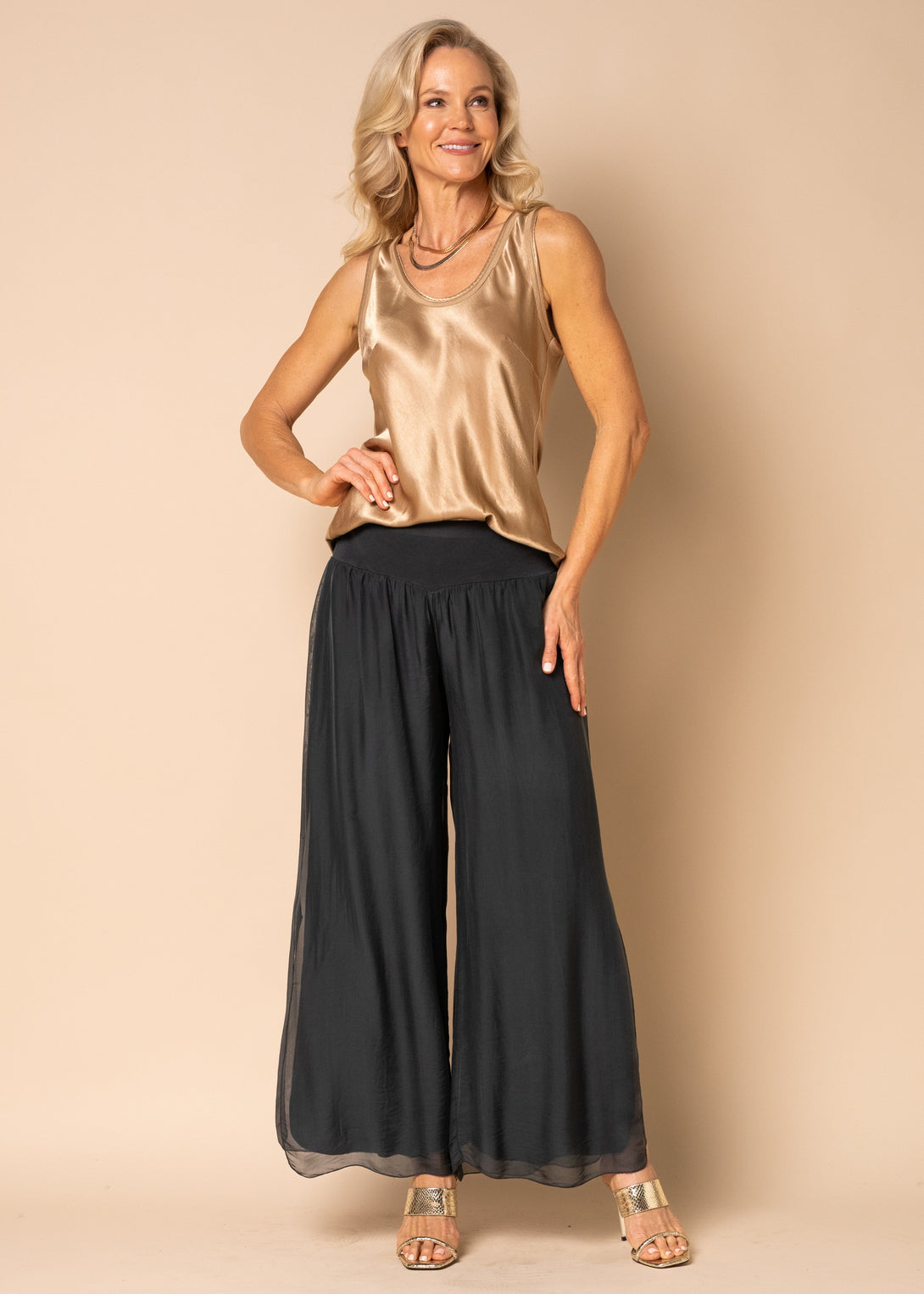 Gia Silk Pants in Granite