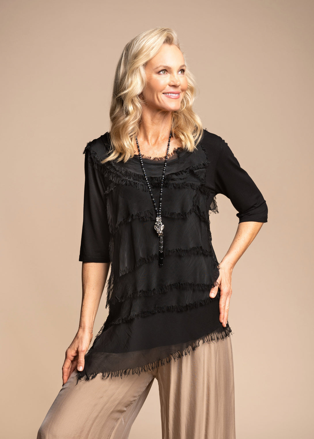 Fleur Silk Top in Onyx - Imagine Fashion