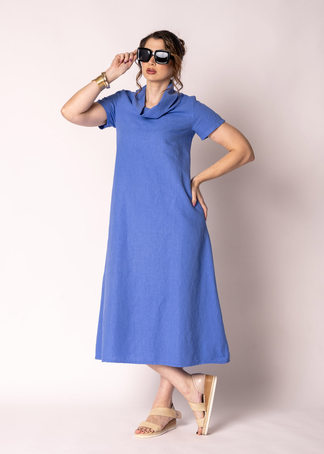 Veronica Linen Dress in Positano Blue - Imagine Fashion