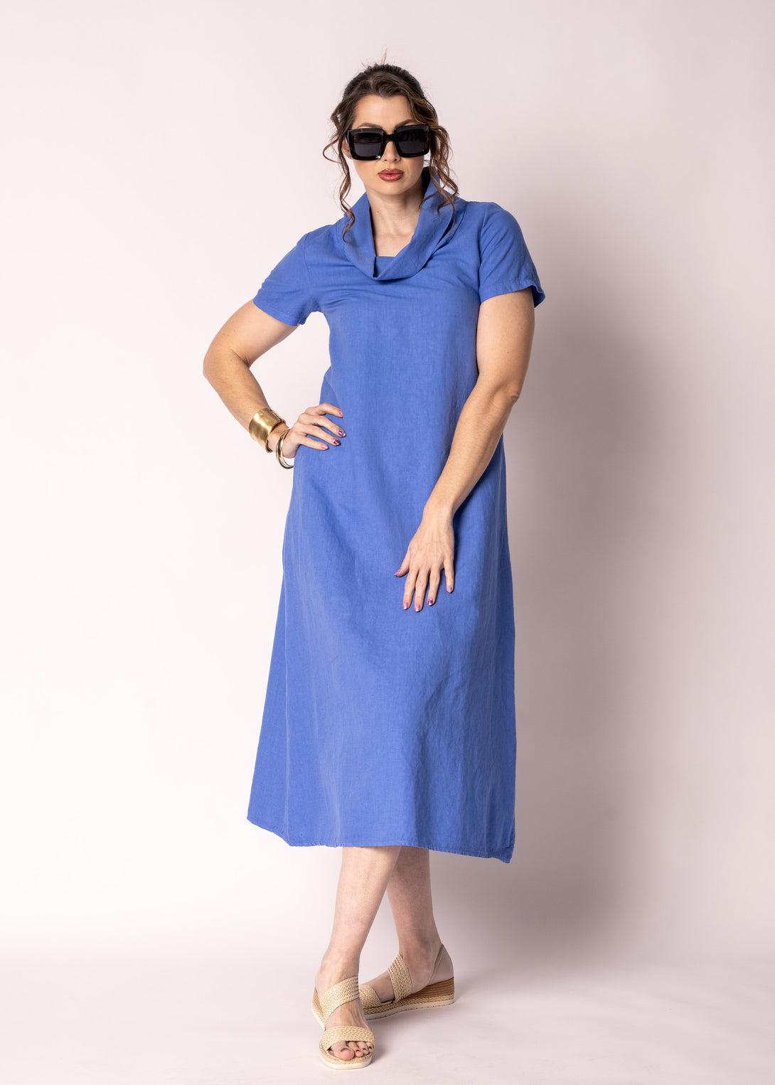 Veronica Linen Dress in Positano Blue - Imagine Fashion