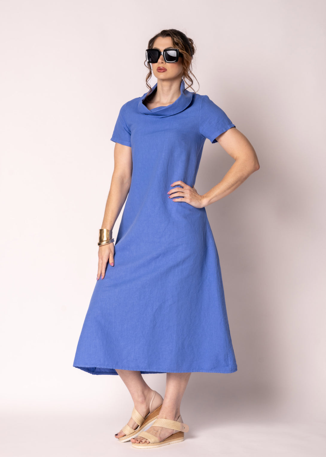 Veronica Linen Dress in Positano Blue - Imagine Fashion