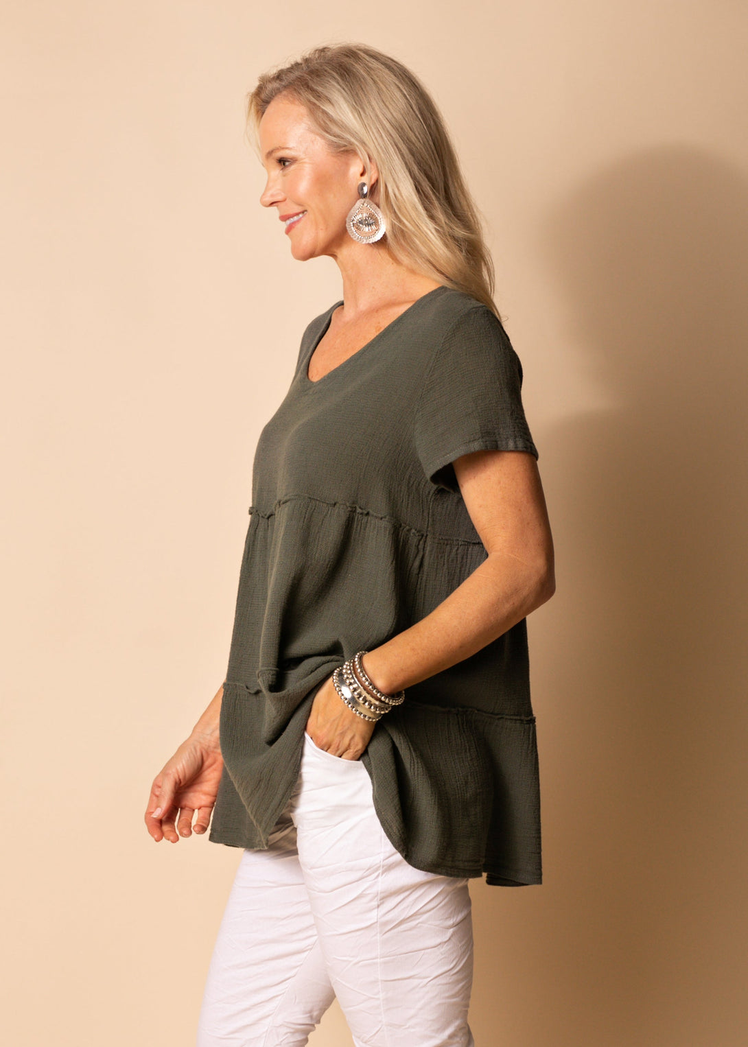 Nessa Linen V Neck Top in Khaki