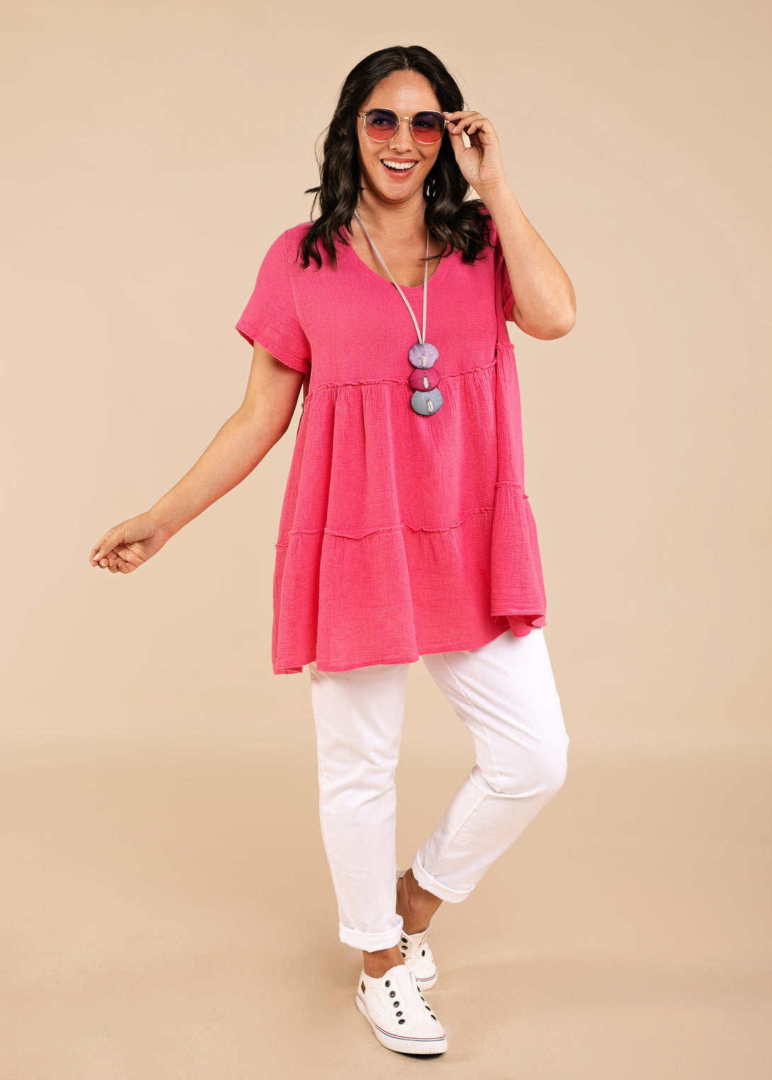 Nessa Linen V Neck Top in Raspberry Sorbet