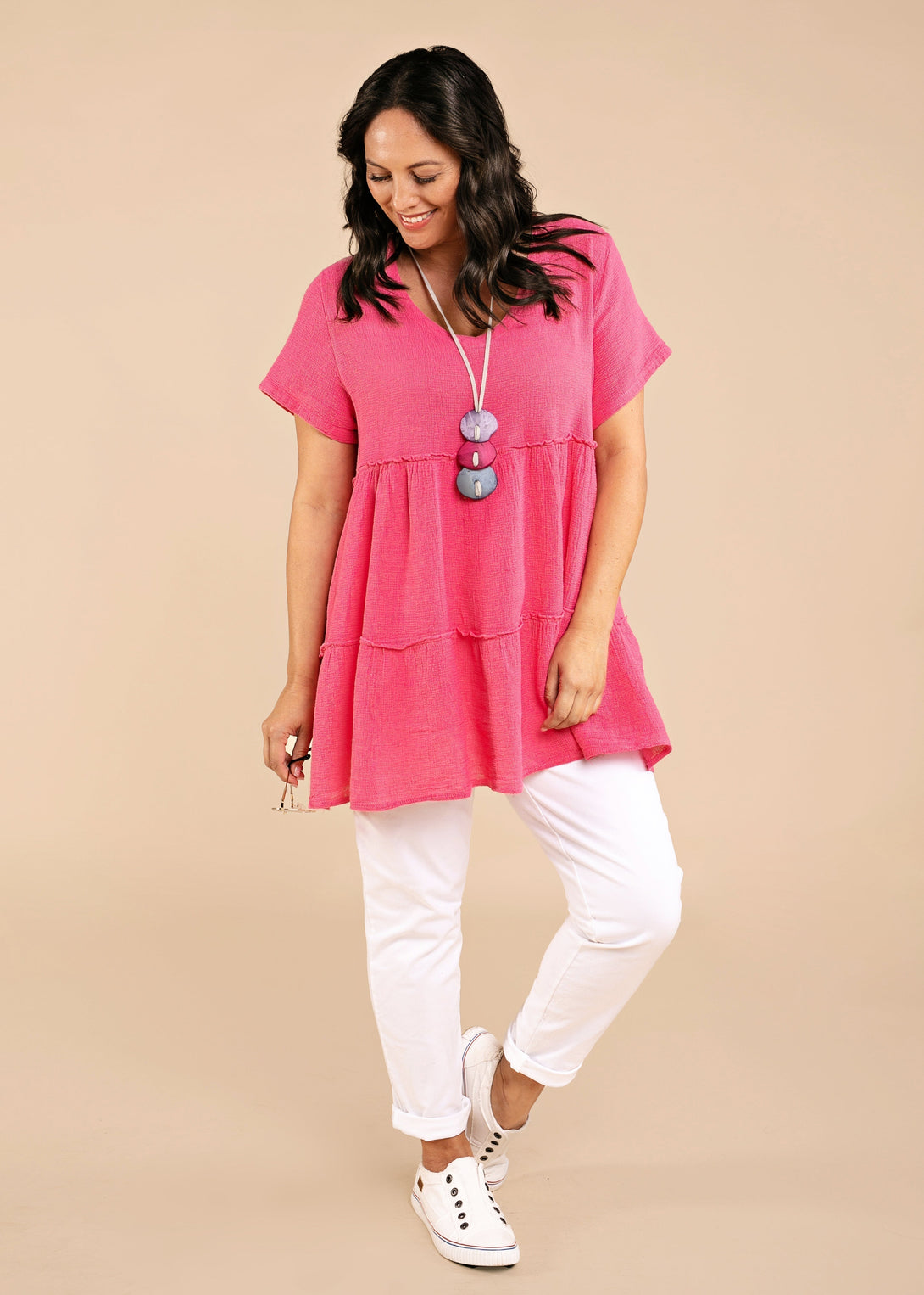 Nessa Linen V Neck Top in Raspberry Sorbet