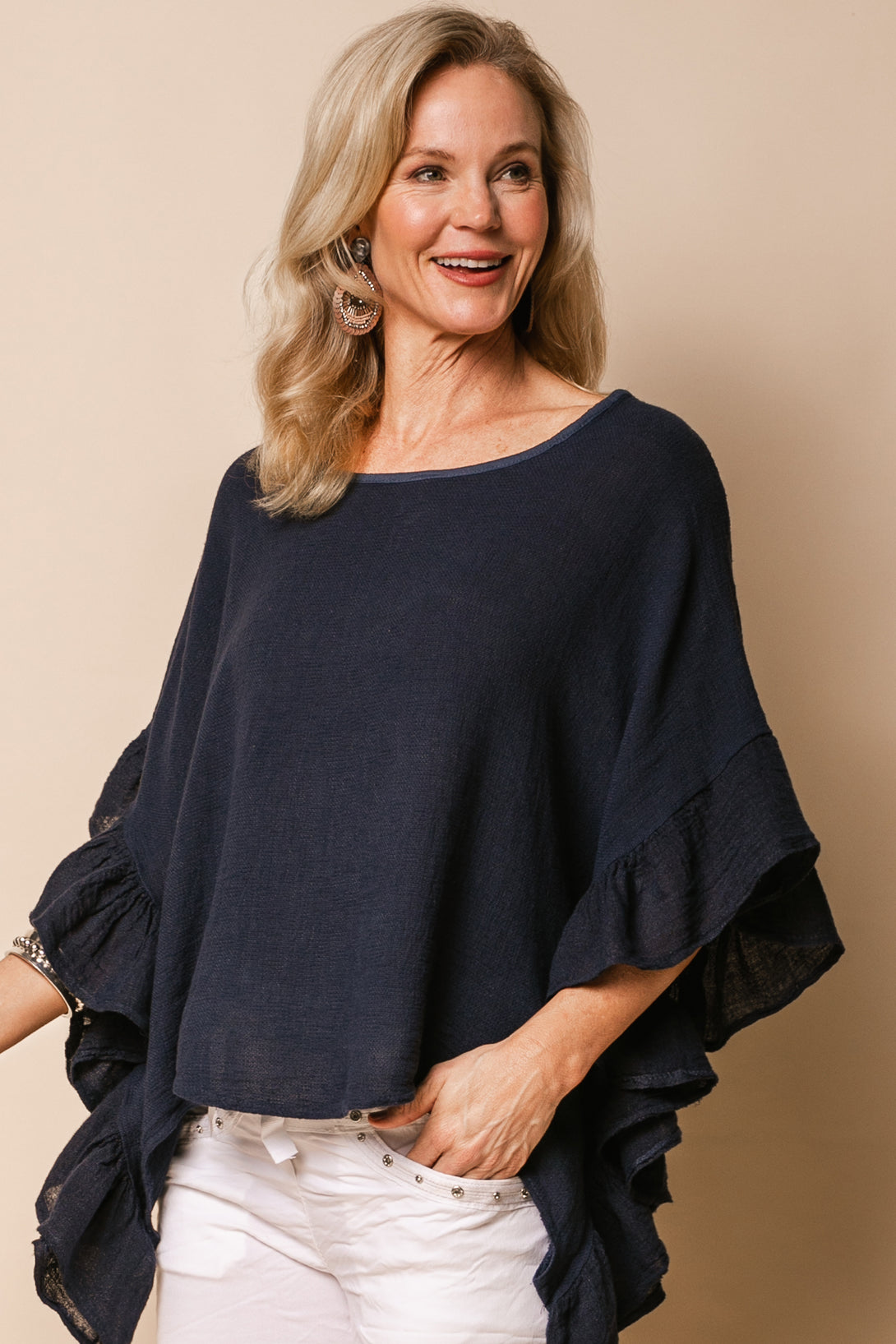 Ronny Linen Blend Top in Navy - Imagine Fashion