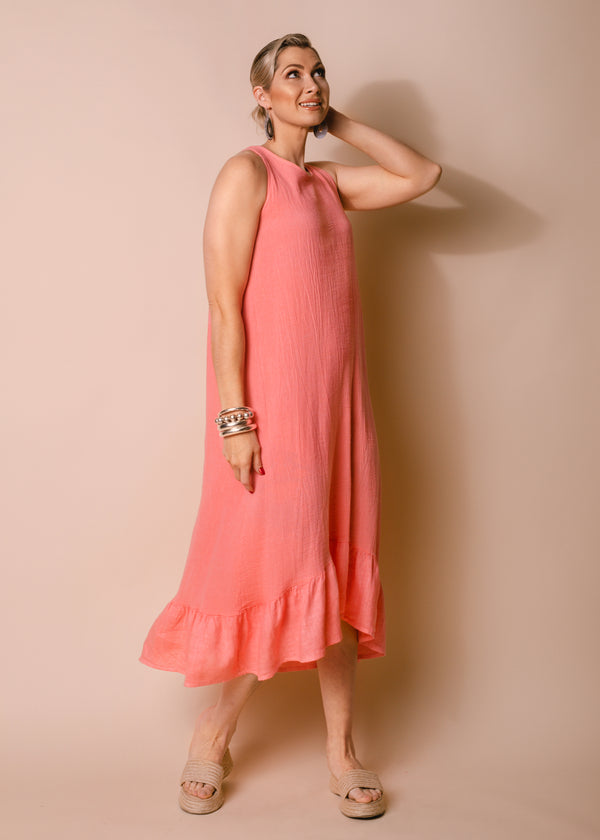 Jacoba Linen Blend Dress in Coral Crush - Imagine Fashion