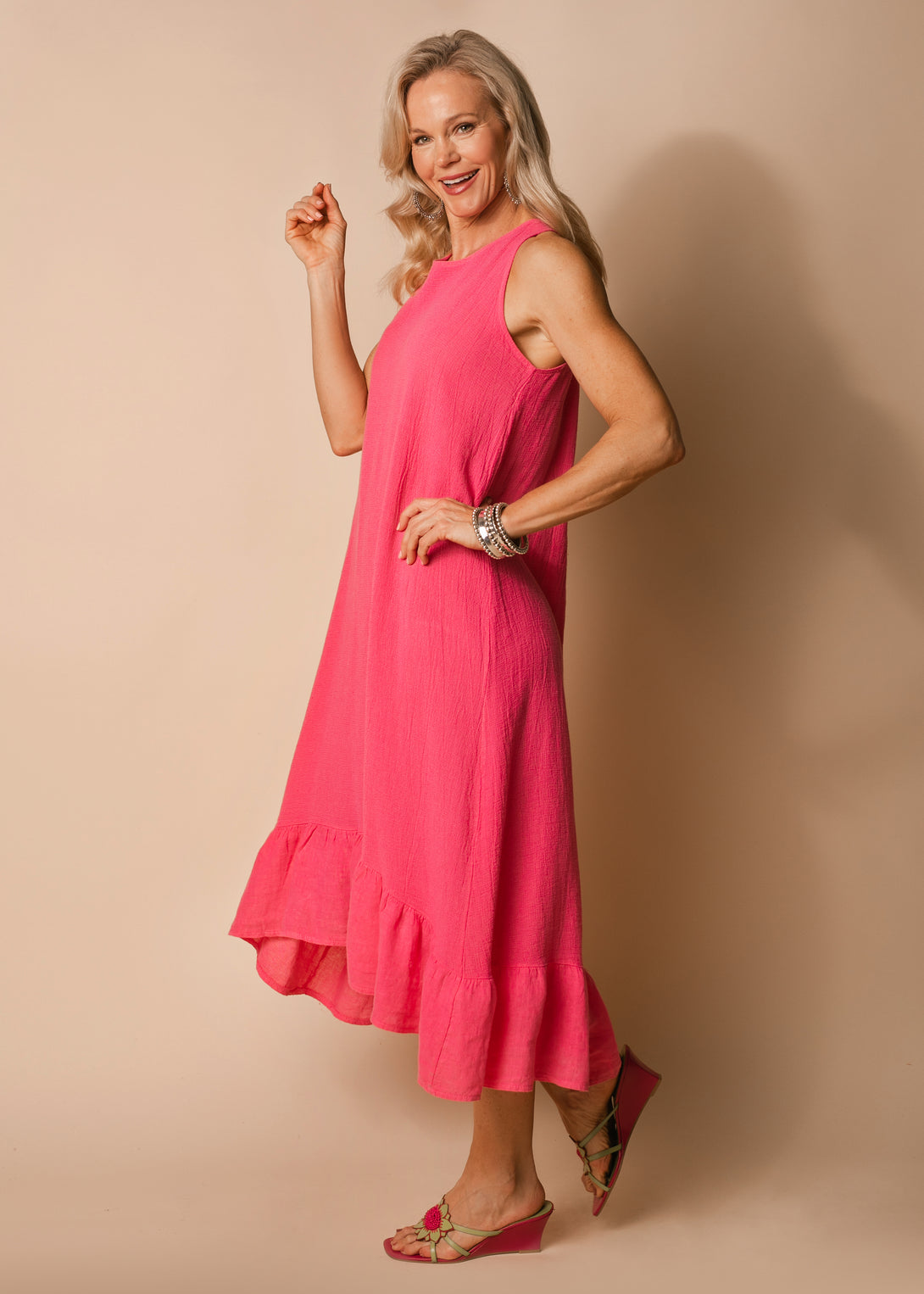 Jacoba Linen Blend Dress in Raspberry Sorbet - Imagine Fashion
