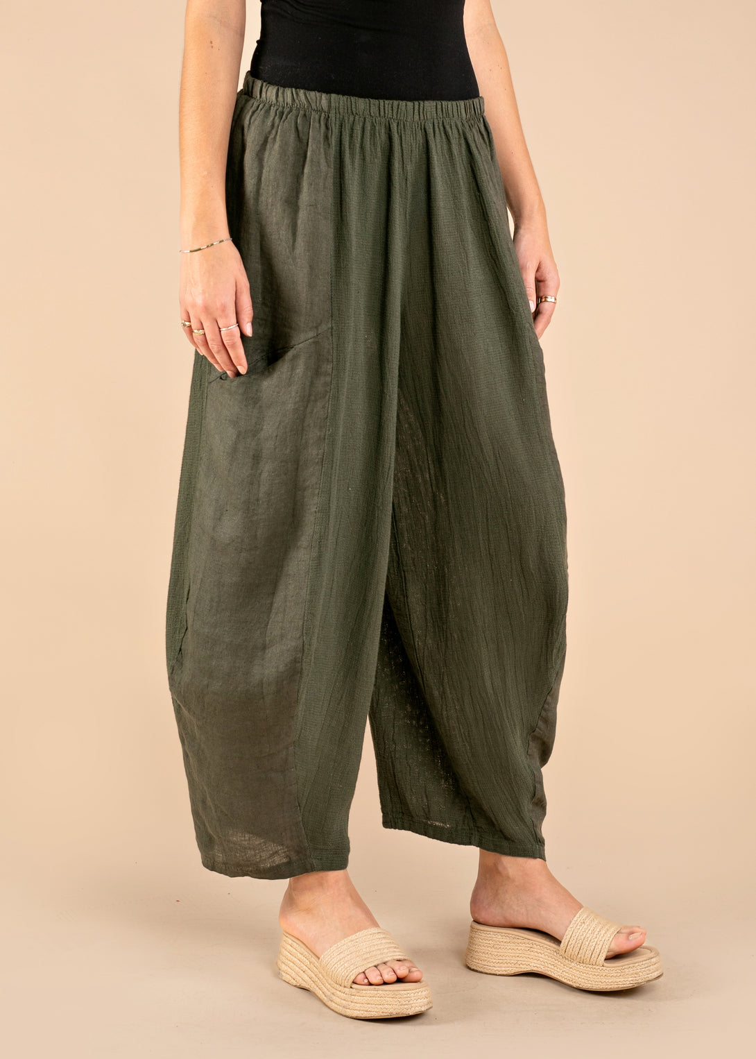 Benadita Linen Blend Pants in Khaki - Imagine Fashion