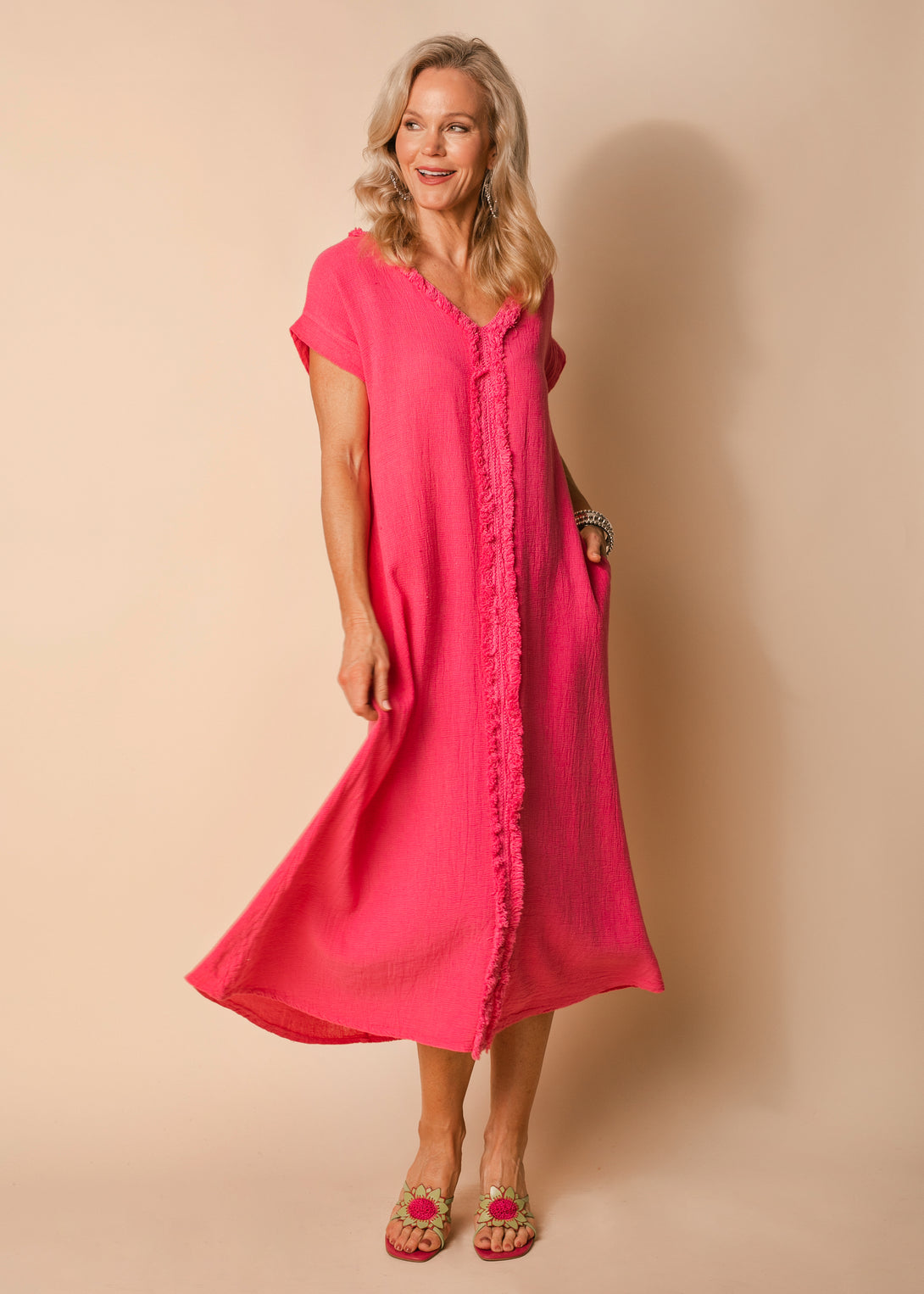 Kaidi Linen Dress in Raspberry Sorbet - Imagine Fashion