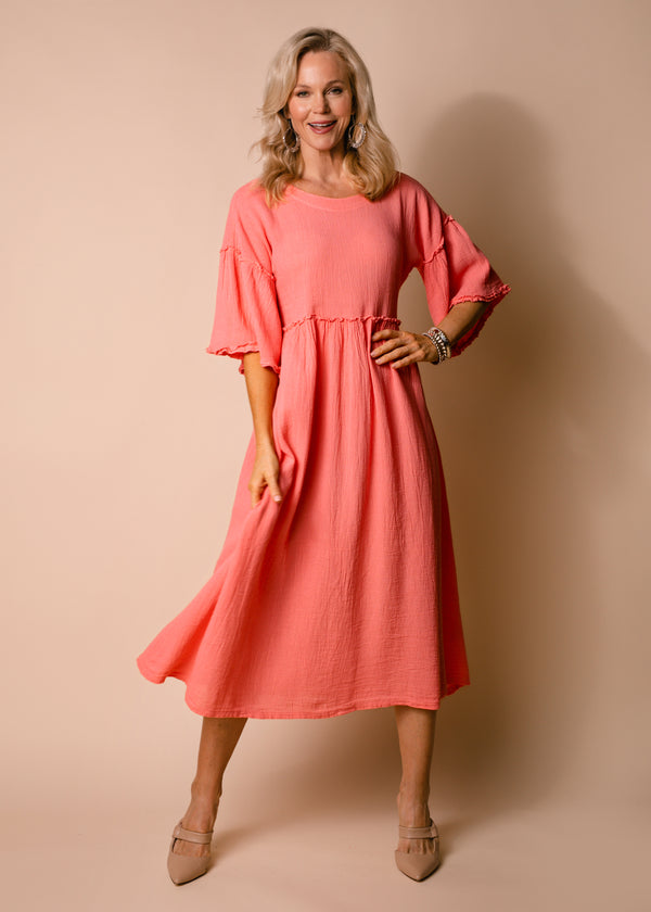 Hira Linen Blend Dress in Coral Crush - Imagine Fashion