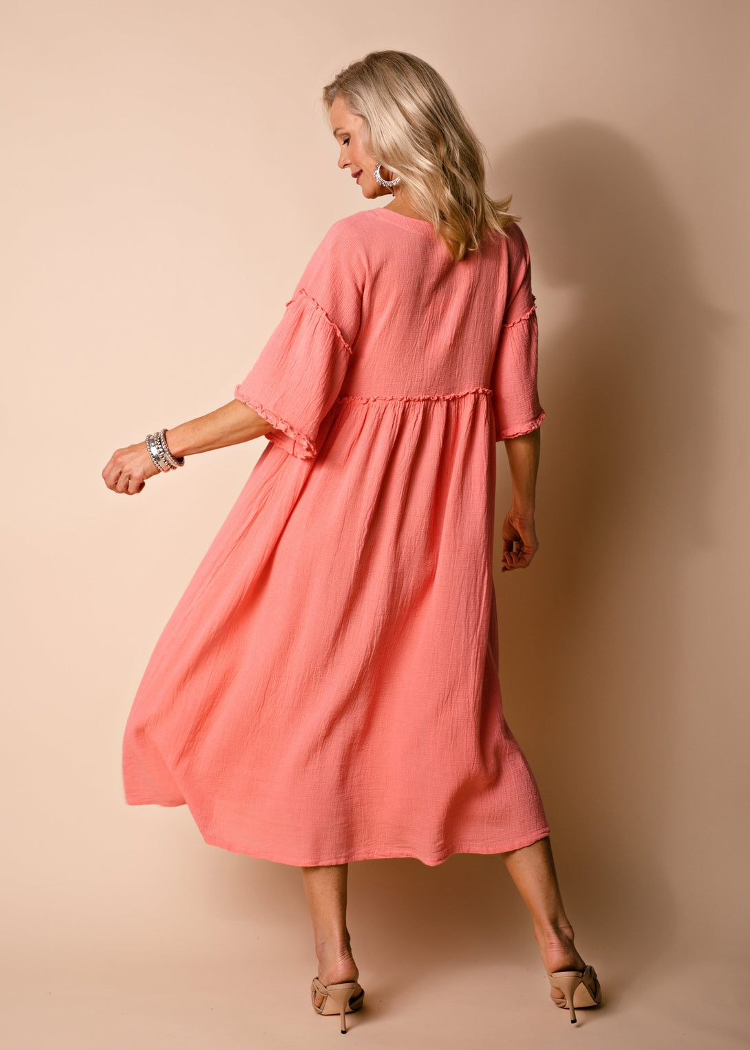 Hira Linen Blend Dress in Coral Crush