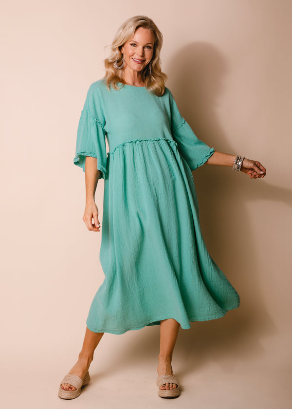 Hira Linen Blend Dress in Sea Green - Imagine Fashion