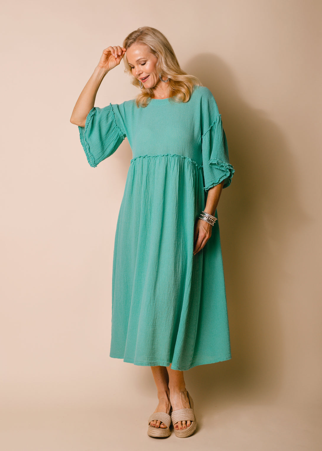 Hira Linen Blend Dress in Sea Green - Imagine Fashion
