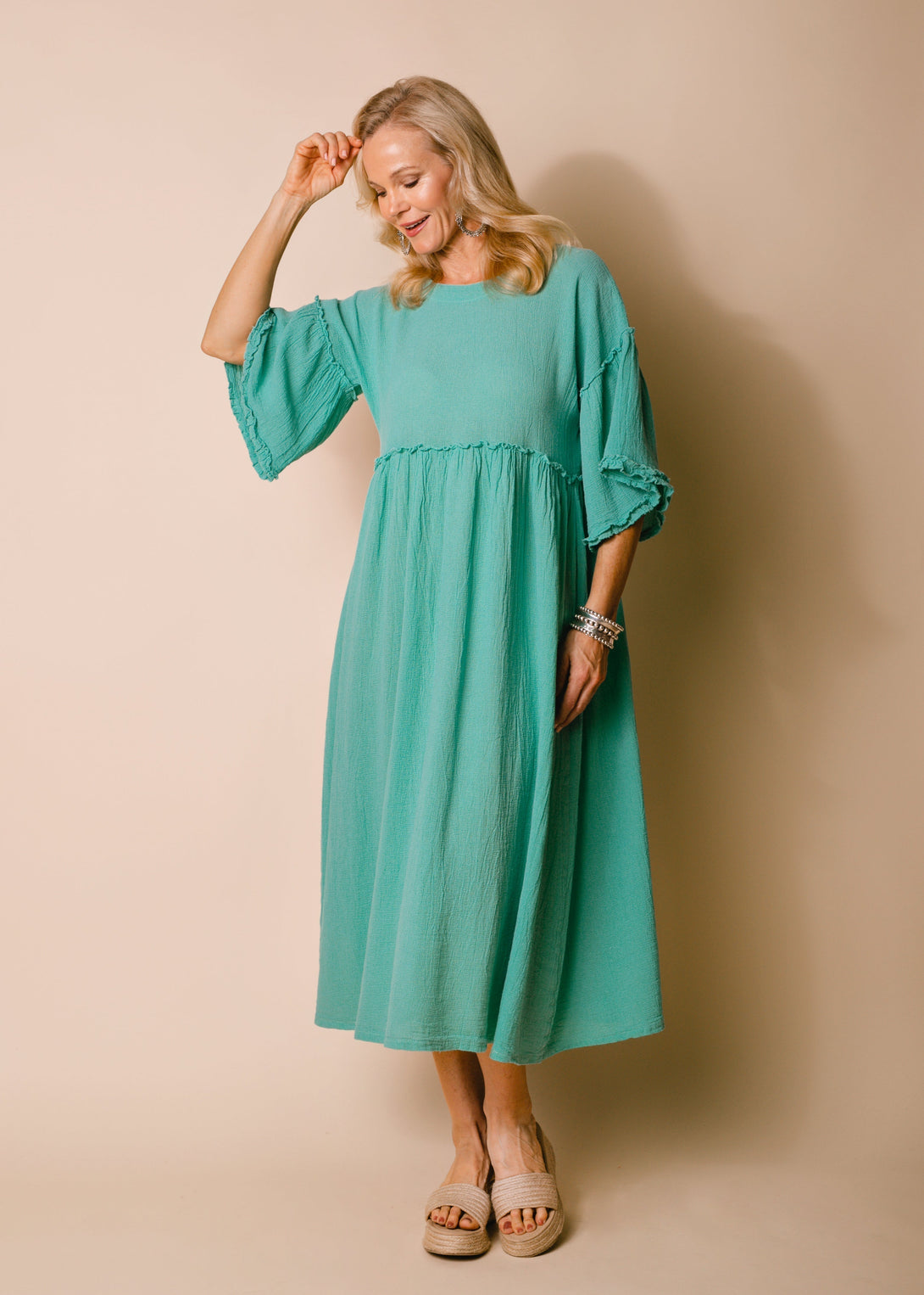 Hira Linen Blend Dress in Sea Green