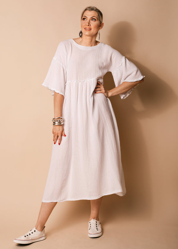 Hira Linen Blend Dress in White - Imagine Fashion