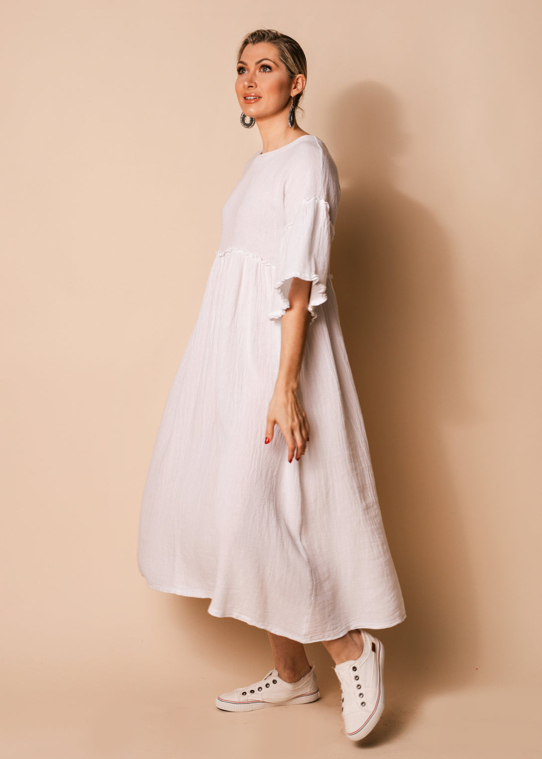 Hira Linen Blend Dress in White - Imagine Fashion
