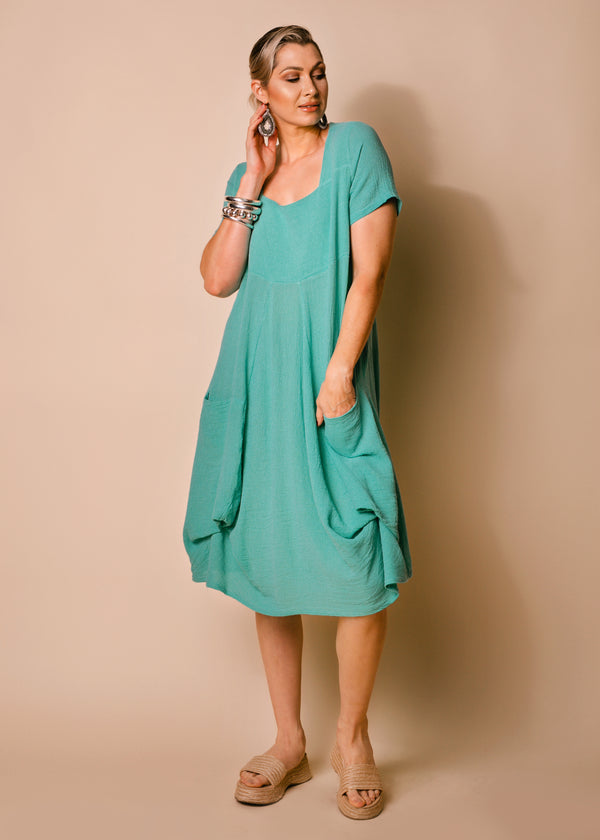 Britan Linen Blend Dress in Sea Green - Imagine Fashion
