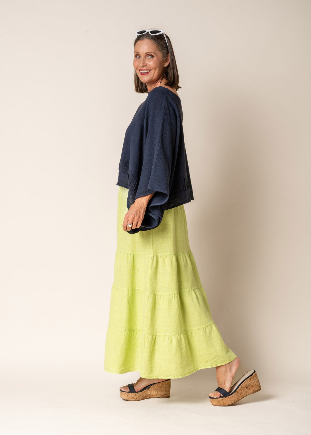 Lora Linen Skirt in Lime Splice