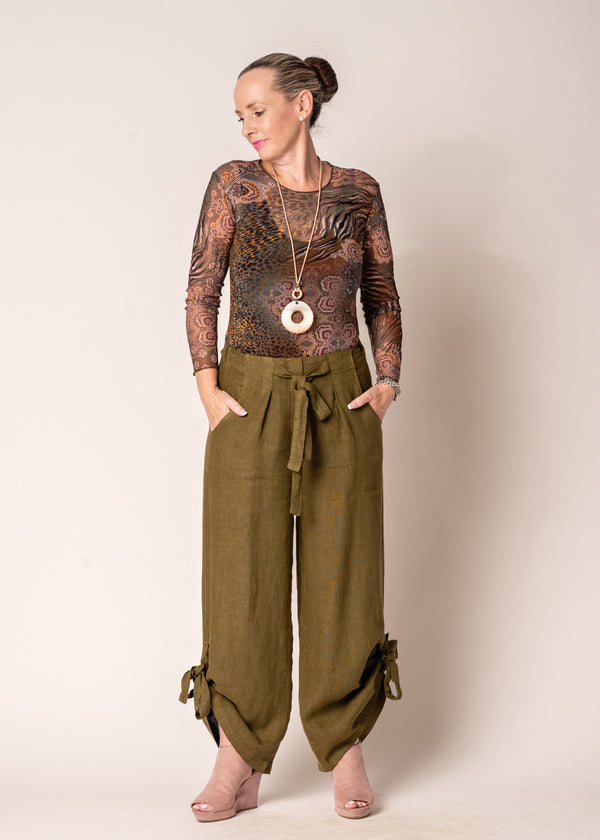 Gabriella Linen Pants in Green Olive