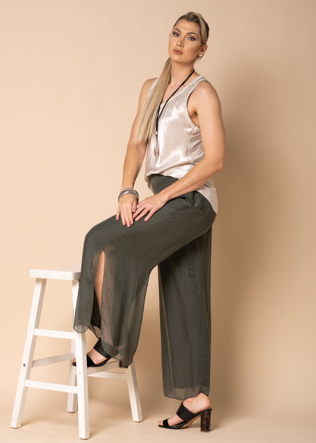 Gia Silk Pants in Khaki