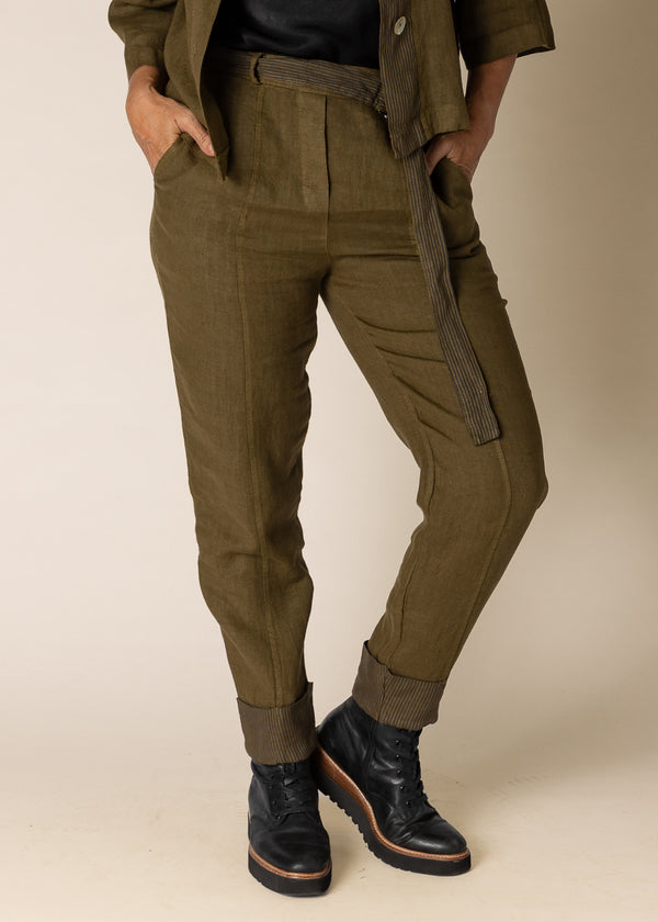 Helena Linen Pants in Green Olive