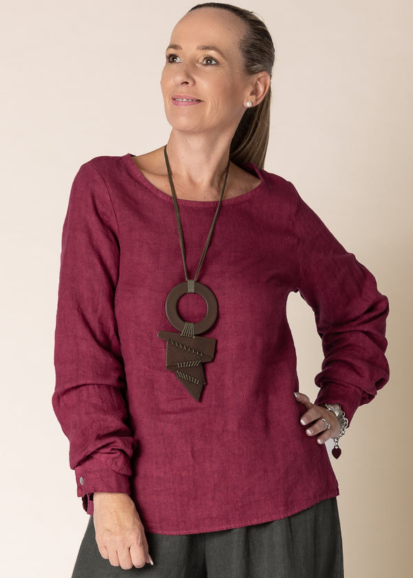 Karily Linen Top in Mulberry Wine