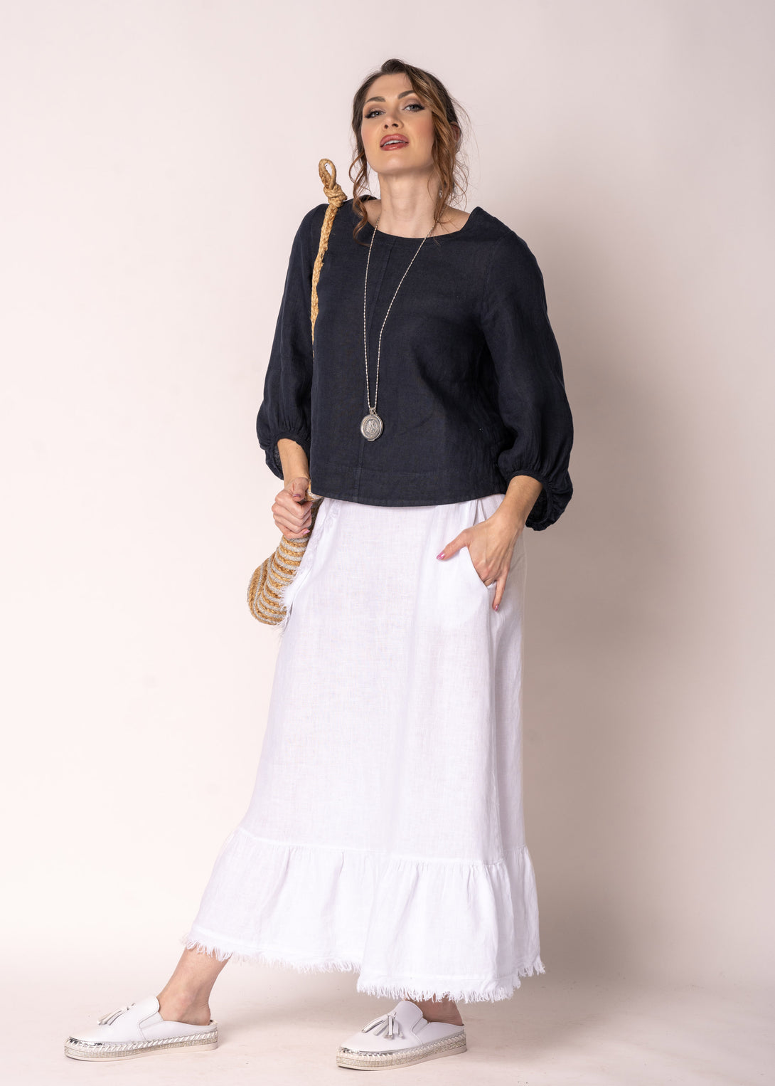 Gessica Linen Skirt in White - Imagine Fashion