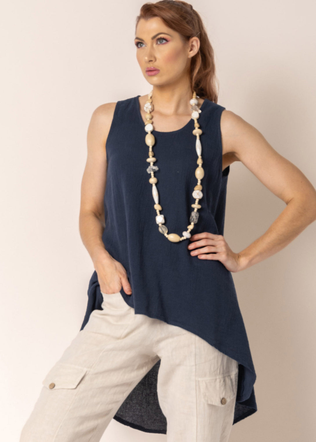 Esther Linen Top in Navy