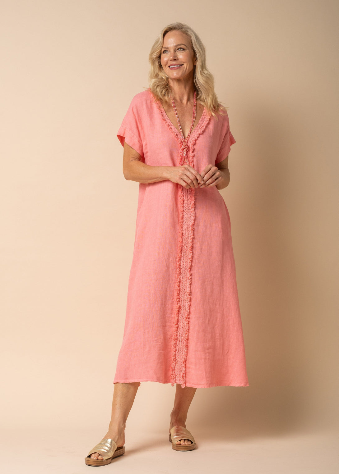 Bindy Linen Dress in Coral Crush