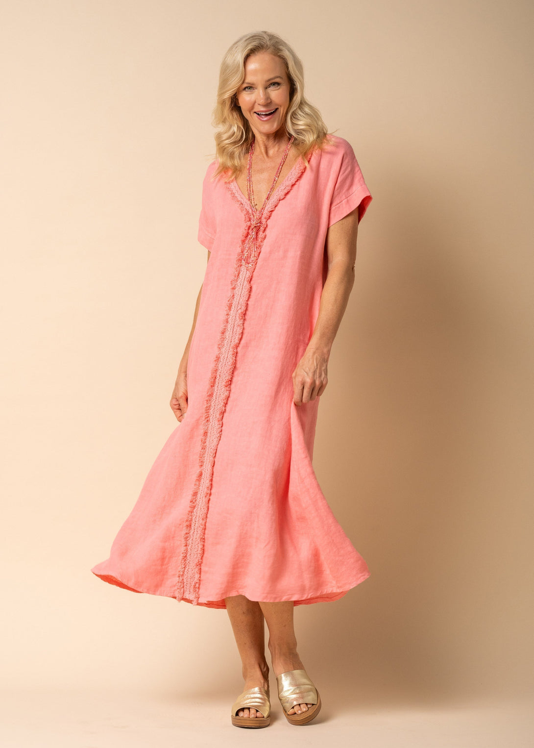 Bindy Linen Dress in Coral Crush