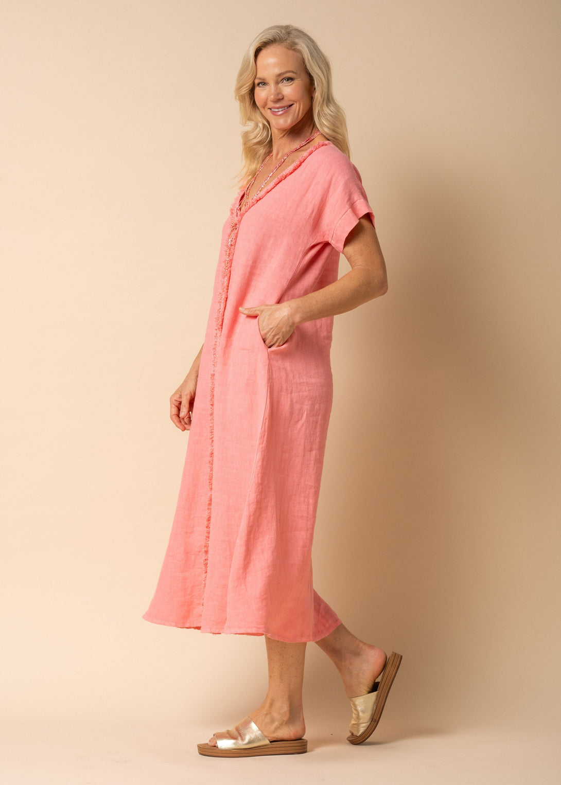 Bindy Linen Dress in Coral Crush