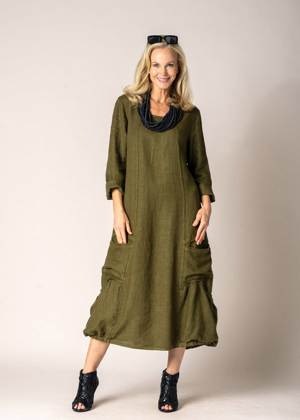 Torina Linen Dress in Green Olive