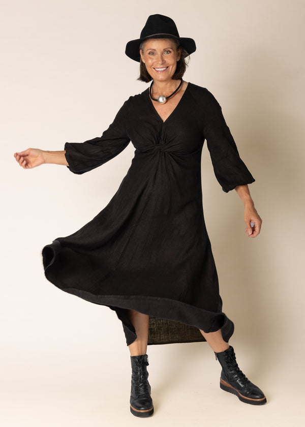 Jaina Linen Dress in Onyx