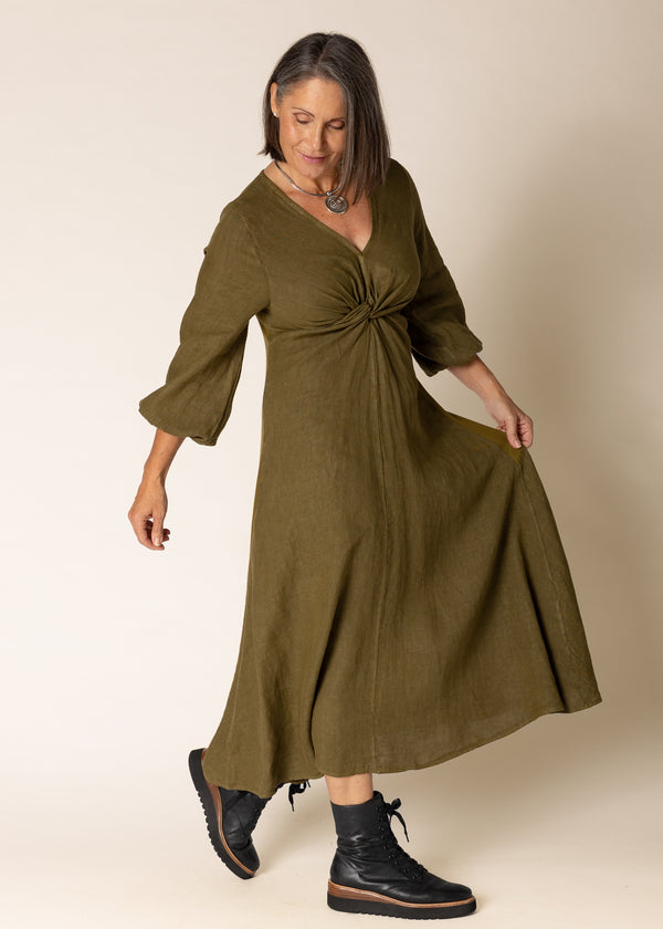 Jaina Linen Dress in Green Olive