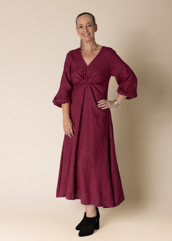 Jaina Linen Dress in Mulberry Wine